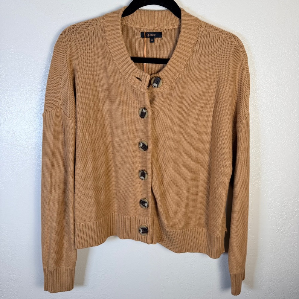 New Quince Women's M 100% Organic Cotton Cropped Cardigan Camel Brown